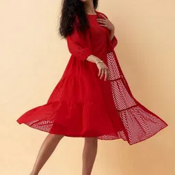 AASK Women Red Self Design Crepe Fit and Flare Calf Length Dress image 2