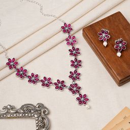 TEEJH Silver-Plated Kundan Stones-Studded & Beaded Floral Motif Jewellery Set-picture-49