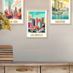 Kotart Brown & Blue 3 Pieces Wooden Travel Painting Wall Arts-picture-25