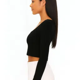 PUERY Women Solid Scoop Neck Long Sleeves Cotton Fitted Crop Top-picture-10