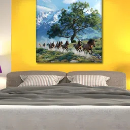 OLIVE TREE Blue & Green Canvas Horses & Trees Painting Wall Art image 4