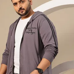 Sztori Plus Size Typography Embroidered Hooded Zip-Up Terry Sweatshirt with Striped Detail-image-43