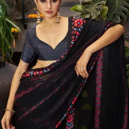 Sita Red Pure Georgette Solid Sarees image 5