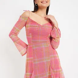 DRAPE AND DAZZLE Checked Shoulder Straps Cold-Shoulder Fit & Flare Mini Dress image 1