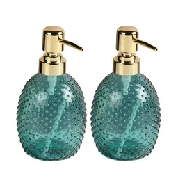 Kookee Green & Gold-Toned 2 Pieces Textured Glass Soap Dispensers-375 ml image 4