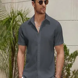 CB-COLEBROOK Men Textured Spread Collar Linen Casual Shirt-image-65