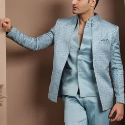 Aesthelia Men Self Design 3-Piece Indo-Western Blazer With Matching Waistcoat and Trouser image 3