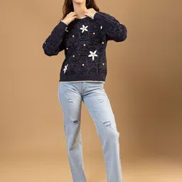 all about you Women Floral Embroidered Round Neck Ribbed Pullover Woollen Sweater image 4