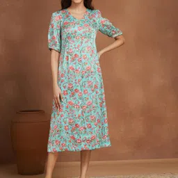 Fabindia Women Floral Printed V-Neck A-Line Midi Dress-image-27