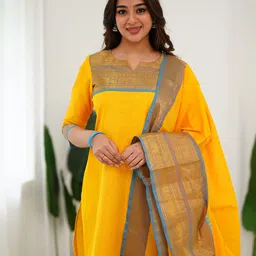 Vastukala Women Woven Design Jacquard Pure Kanchi Cotton Kurta with Dupatta image 2