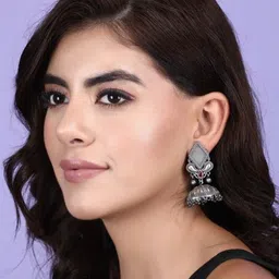 Anouk Silver-Plated Artificial Stones Studded Dome Shaped Oxidised Jhumkas-picture-31