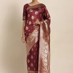 Maroosh Women Ethnic Motifs Maroon Banarasi Saree-image-35