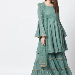 PANIT Women Sea Green & Gold Self Design Kurta with Sharara & Dupatta image 1