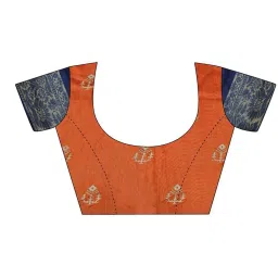 Satrani Navy Blue & Orange Cotton Silk Printed Saree With Unstitched Blouse image 4