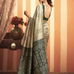 Satrani Khaki & Green Woven Saree With Unstitched Blouse image 4