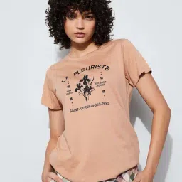Ginger By Lifestyle Light Brown Cotton Regular Fit Printed Sleepwear T-Shirt-picture-18