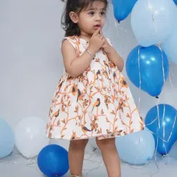 Little Bansi Girls Cream Regular Fit Printed Dress-image-49