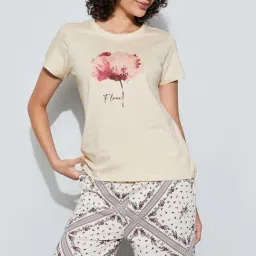 Ginger By Lifestyle Beige Cotton Regular Fit Printed Sleepwear T-Shirt-image-86