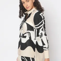 Vero Moda Beige & Black Cotton Printed Shirt image 4