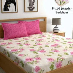 Home Ecstasy Pink Cotton 180 TC King Fitted Bedsheet with 2 Pillow Covers-image-0