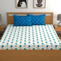 Home Ecstasy Blue Cotton 180 TC King Fitted Bedsheet with 2 Pillow Covers-picture-41