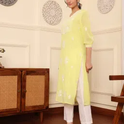 savi india Savi Yellow Georgette Straight Embroidered Kurta kurtis image 4