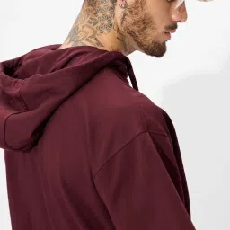 The Souled Store Burgundy Cotton Loose Fit Solid Hooded T-Shirts image 4