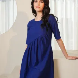 PURVAJA Navy Blue Textured Half Sleeves Flared Dress image 5