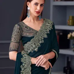 Saree Mall Teal blue Chiffon Embellished Saree with Blouse Piece image 1