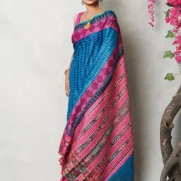 Unnati Silks Blue & Pink Silk Printed Saree With Unstitched Blouse-image-72