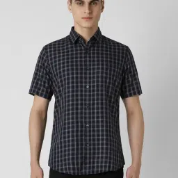 Van Heusen Navy Cotton Slim fit Checks Casual Shirt-picture-39