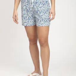 R&B White & Blue Cotton Floral Print Shorts-picture-16