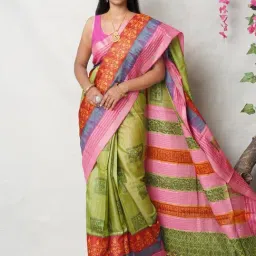 Unnati Silks Green & Pink Silk Printed Saree With Unstitched Blouse-picture-11