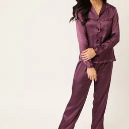 ETC Women Purple Solid Satin Finish Night Suit-image-25