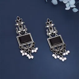 Brado Jewellery Stones Studded and Pearls Beaded Square Oxidised Drop Earrings-picture-37