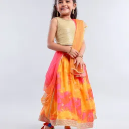 Babyhug Sleeveless Choli Lehenga And Dupatta With Embroidery - Yellow Pink-image-75