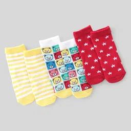 Cute Walk By Babyhug Non Terry Knit Anti-Bacterial Ankle Length Socks Stripes & Bear Design Pack Of 3 - White Red & Yellow-picture-15