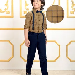 Mark & Mia Full Sleeves Checkered Party Shirt & Trouser with Bow & Suspender - Beige-picture-15