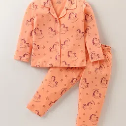 Bodycare Single Jersey Knit Full Sleeves Collared Night Suit With Unicorn Print - Dark Peach-image-85