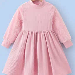 Kookie Kids Full Sleeves Solid Colour Party Frock With Fur Detailing - Pink-picture-26
