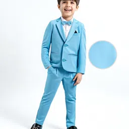 Babyhug Woven Full Sleeves Solid Colour 3 Piece Party Suit With Bow - Blue-picture-23