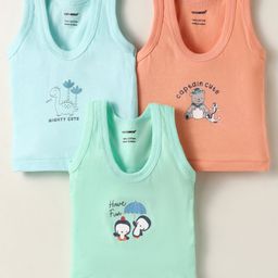 Cucumber Sinker Knit Sleeveless Vests With Animal Print Pack Of 3 - Sea Green Light Blue & Peach-picture-8