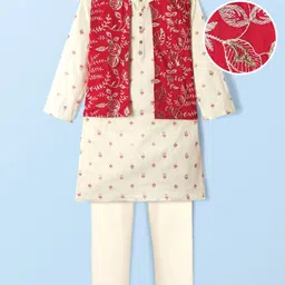 EARTHY TOUCH Cotton Woven Full Sleeves Floral Print Kurta Pajama Set with Attached Jacket & Embroidery - Off White-picture-20