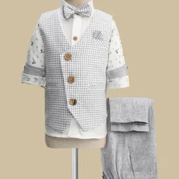 Rikidoos Full Sleeves Checked & Leaves Printed 3 Piece Party Suit With Bow Set - White & Light Grey-picture-12