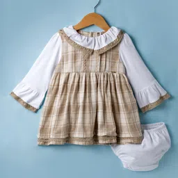 ToffyHouse Cotton Woven Full Sleeves Checkered Frock with Bloomer & Frill Detailing - Tan & White-image-32