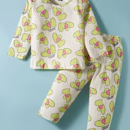 Evimo Single Jersey Knit Full Sleeves Co-ords Night Suit With Heart Print - Cream-picture-28