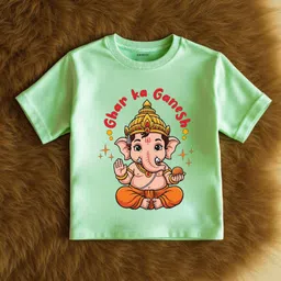 KNITROOT Cotton Lycra Knit Half Sleeves Ghar Ka Ganesh Text Printed Tee - Green-picture-31