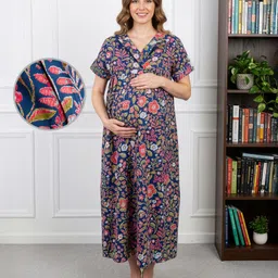 Bella Mama Cotton Woven Half Sleeves Maternity Nursing Nighty With Floral Print - Blue-picture-21