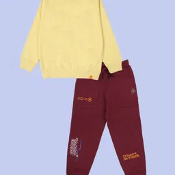 Kiddopanti Fleece Knit Full Sleeves Solid Winter Sweatshirt With Track Pants - Pop Yellow & Maroon-image-23