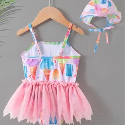 Babyhug Sleeveless Frock Swimsuit Ice Cream Print - Pink image 2